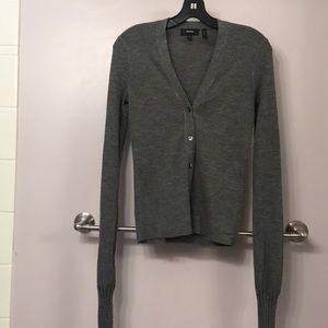 Theory fitted exaggerated sleeve rib knit cardigan